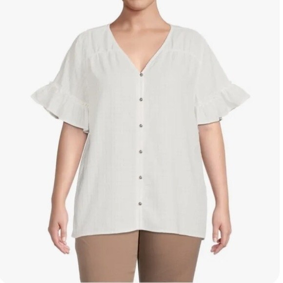 Terra and Sky V Neck Button Front Short Ruffle Flutter Sleeve White Top Women 3X - Picture 2 of 16